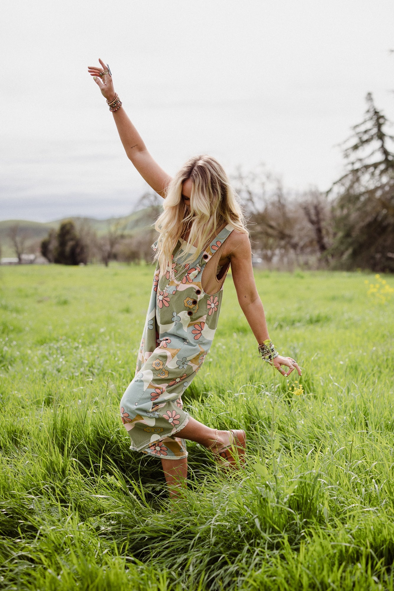 High Hopes Slouchy Denim Overalls - Olive Flower