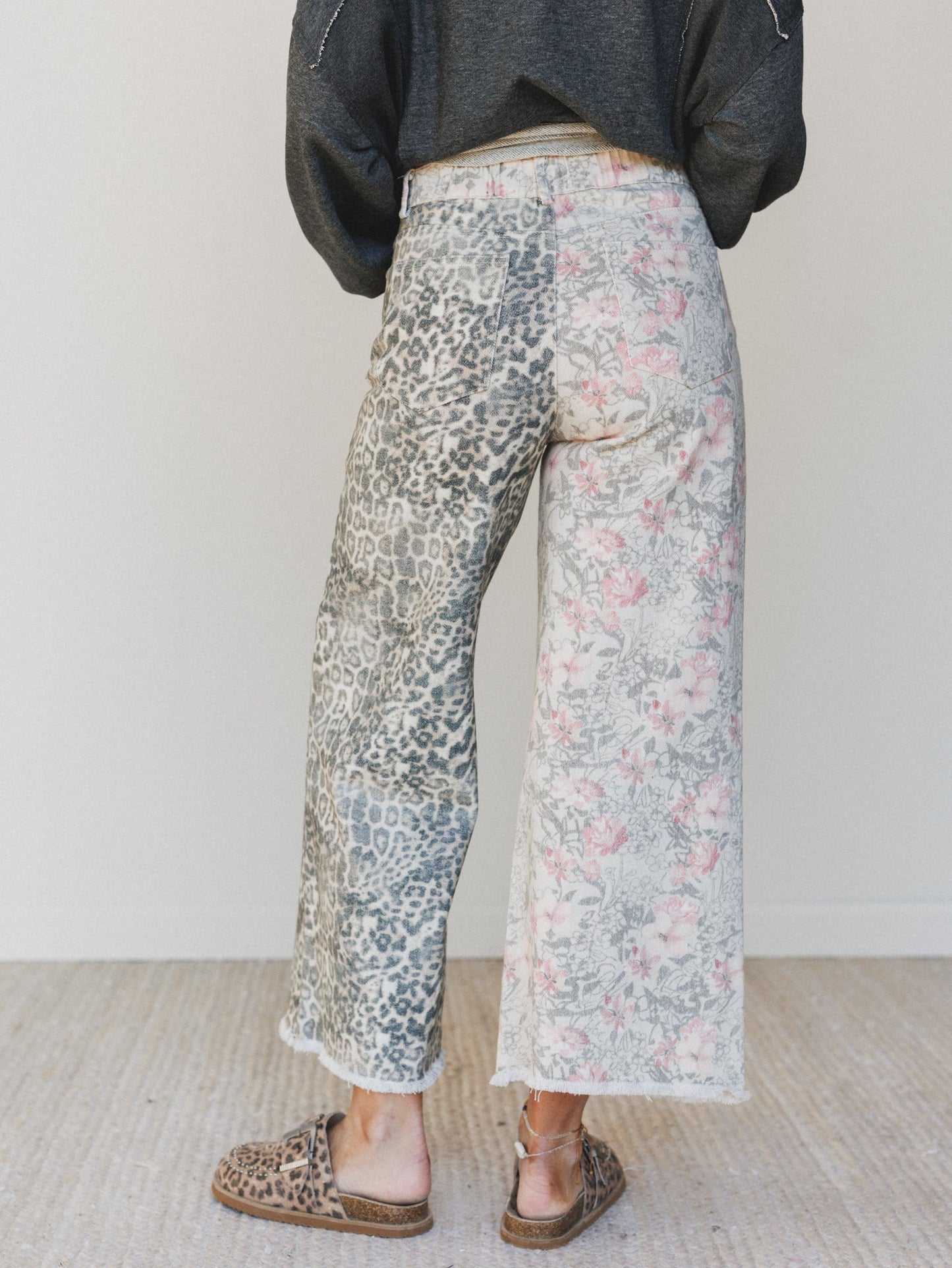 The Nest Ezra Mixed Print Wide Leg Jeans - Beige Multi
