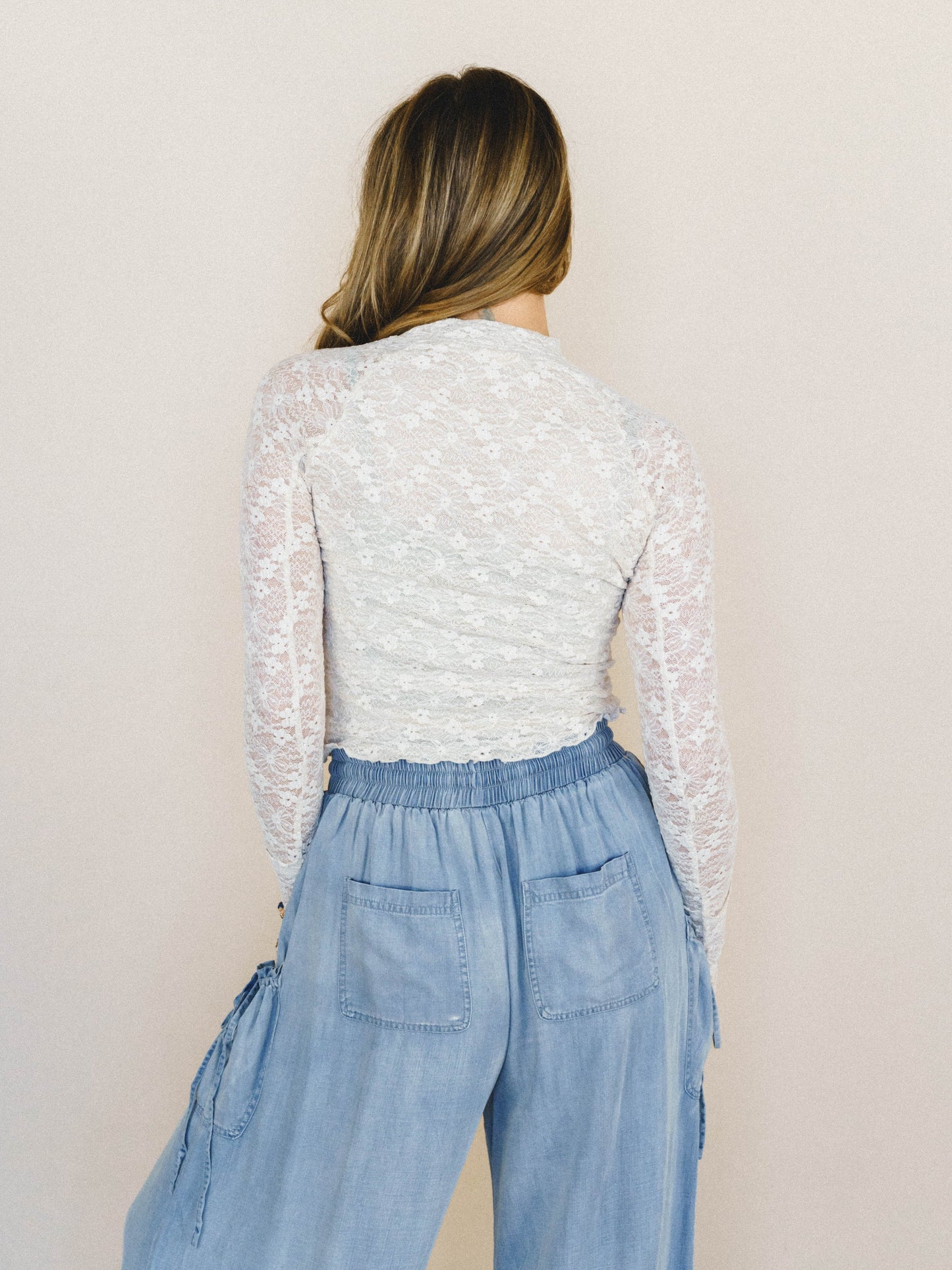 Lace Crush Long Sleeve Top - Cream
