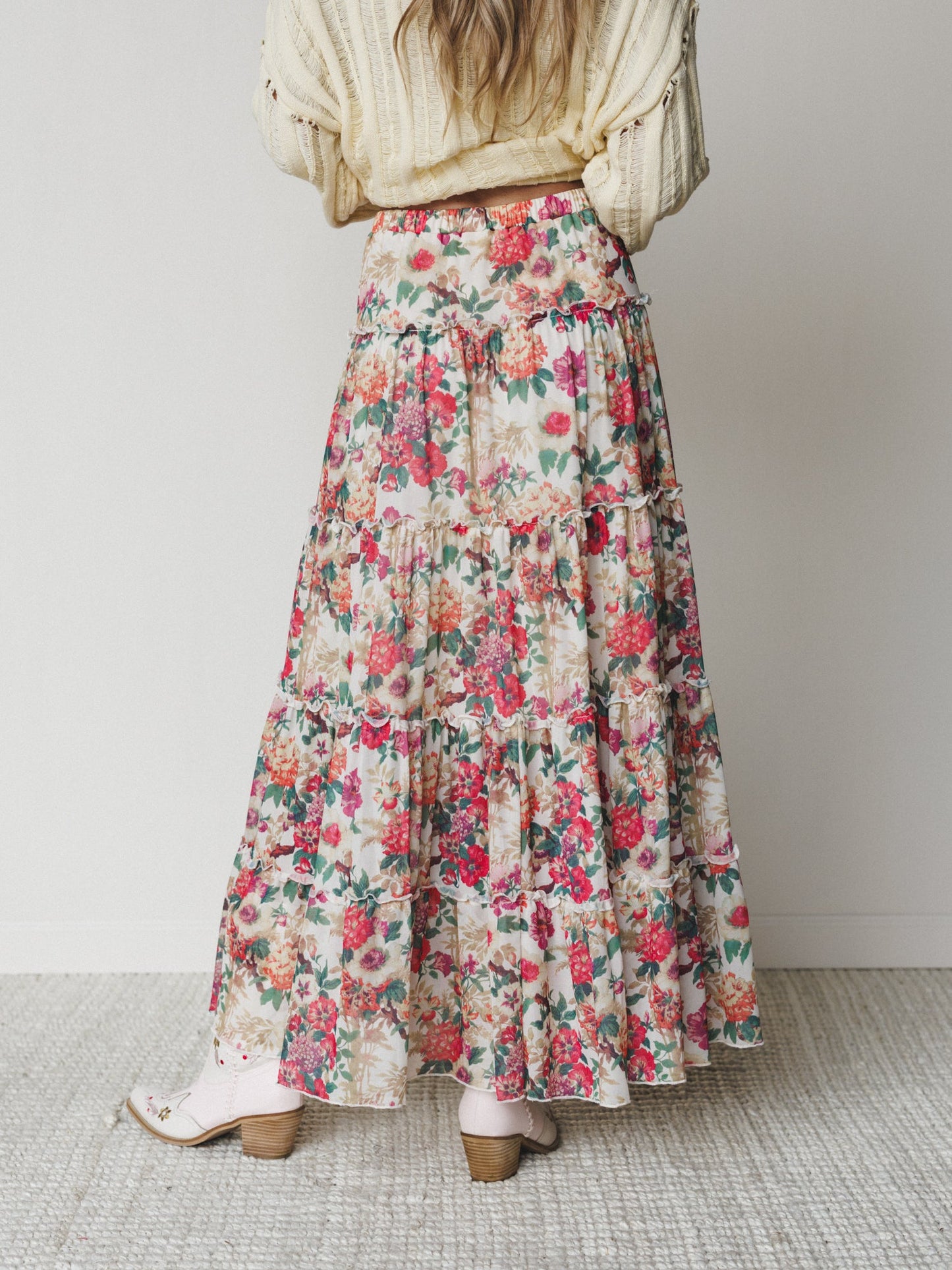 Floral Maiden Maxi Skirt - Cream Pink