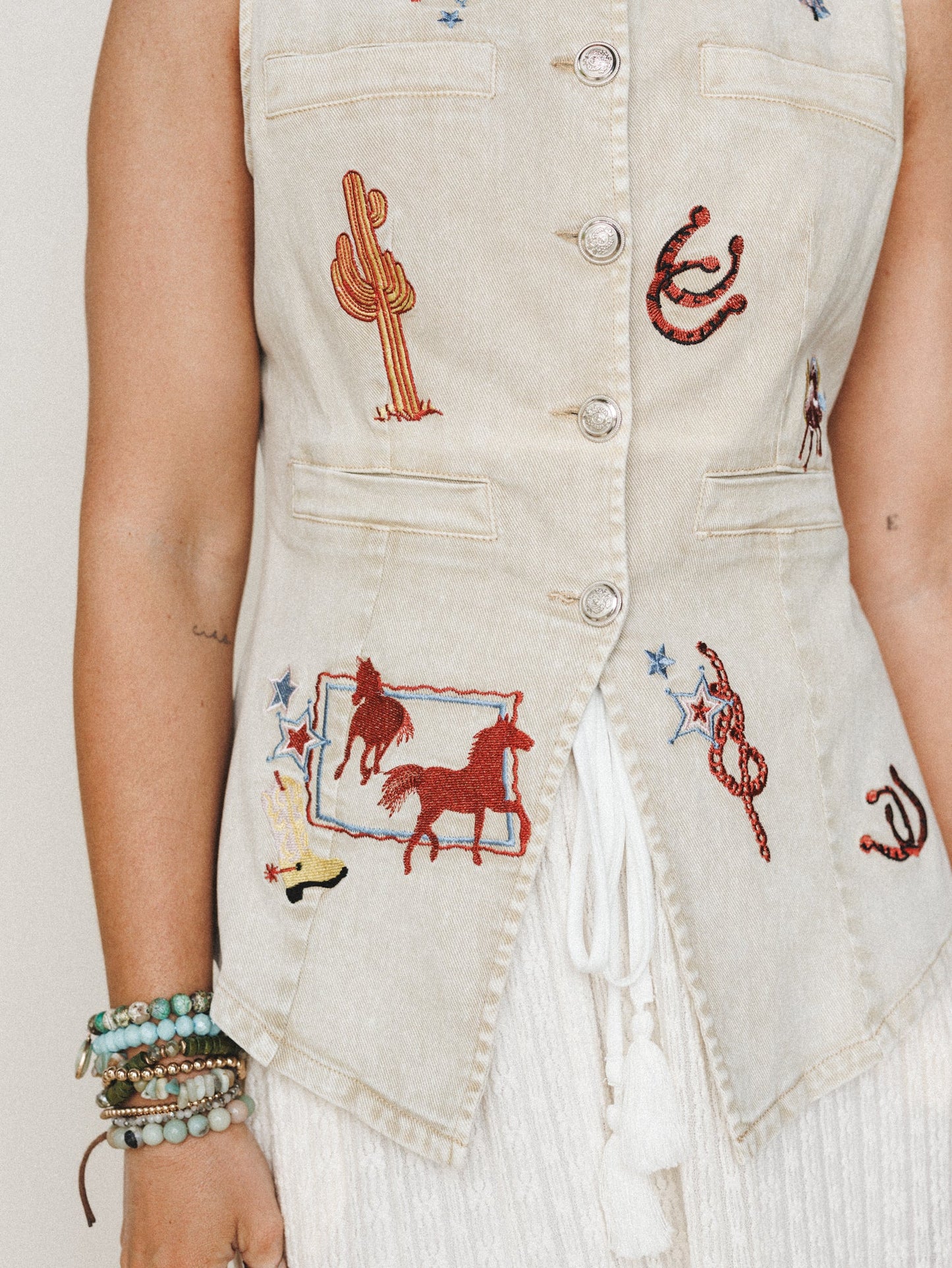 Best in the West Vest Embroidered Top - Washed Sand