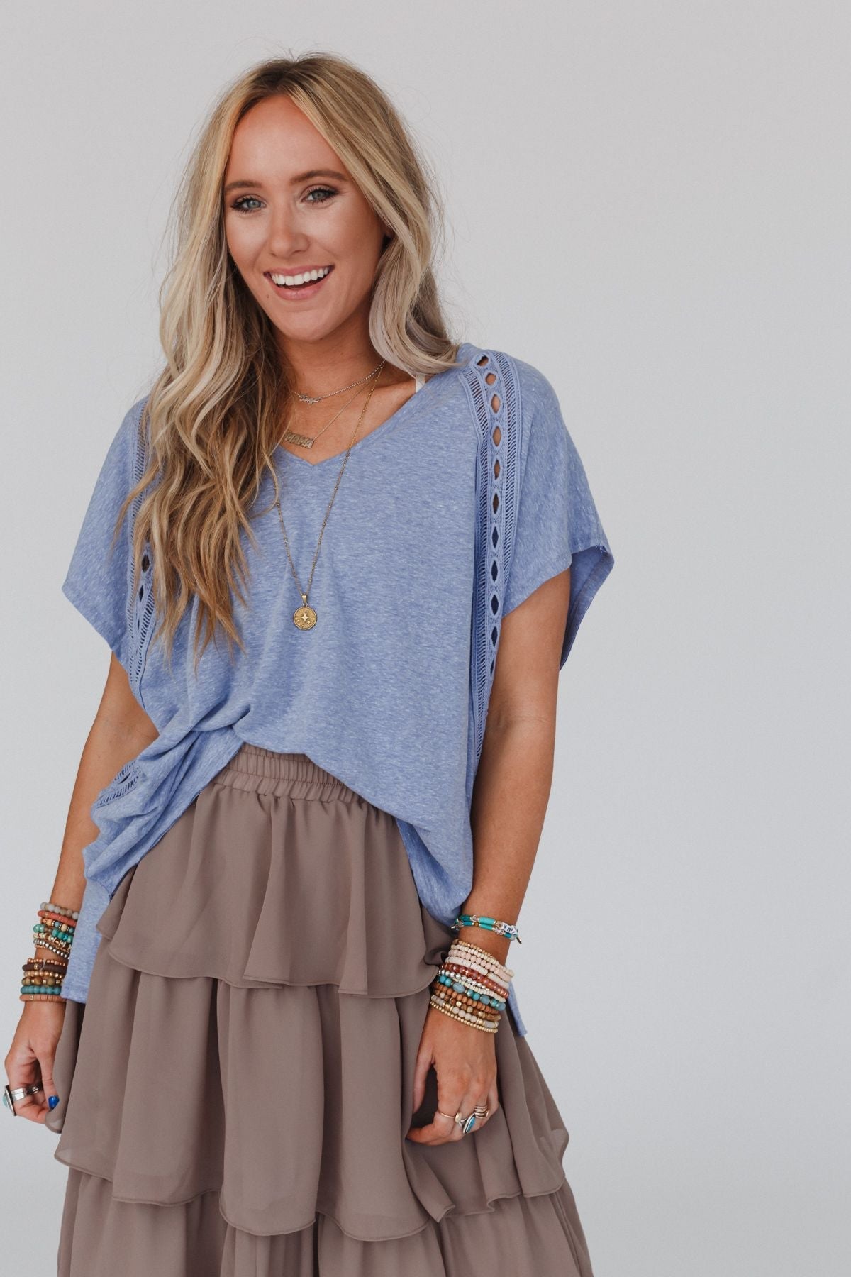 The Nest Camden Lace V Neck Top - Denim
