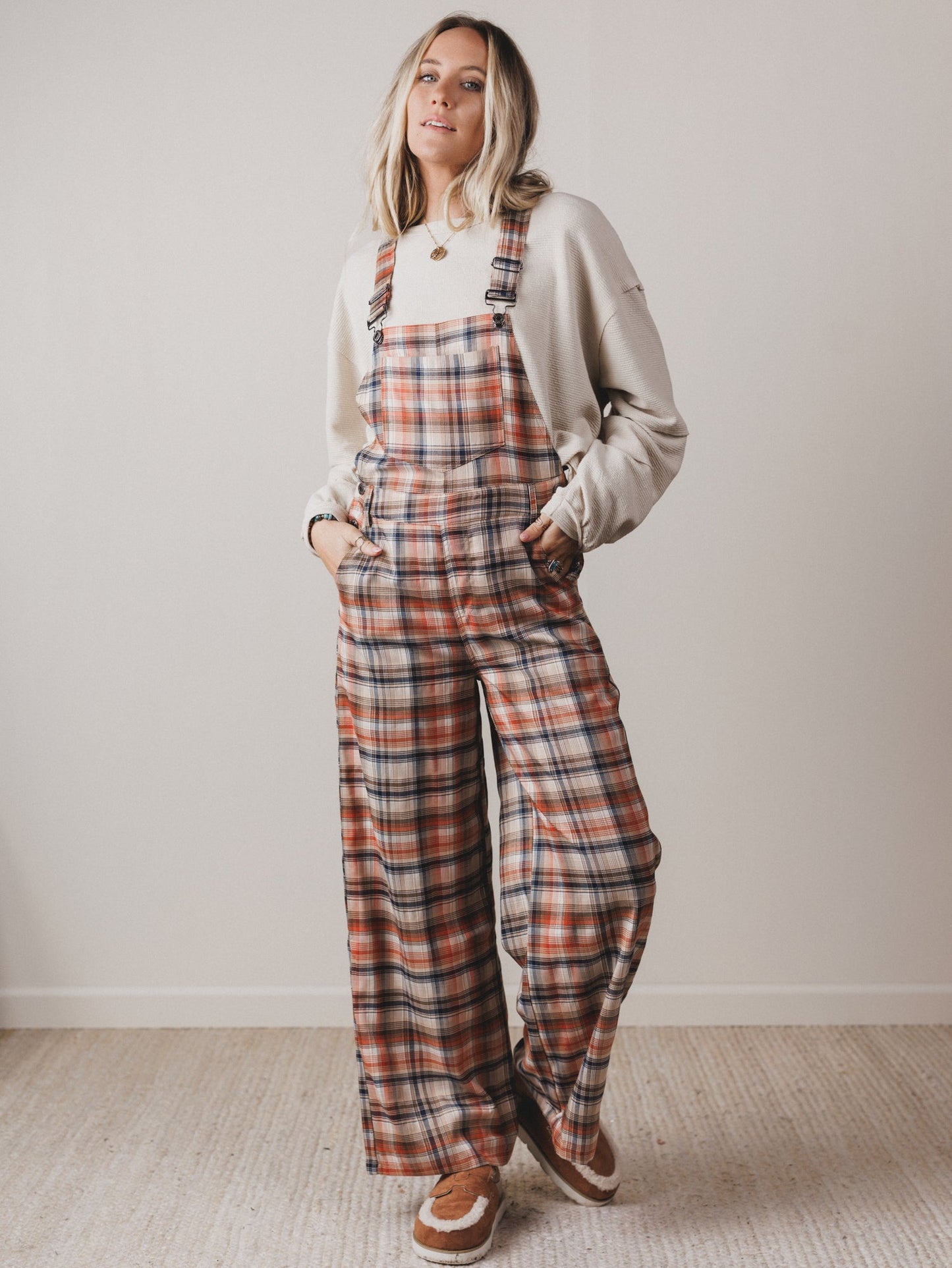Perfectly Plaid Overalls - Latte