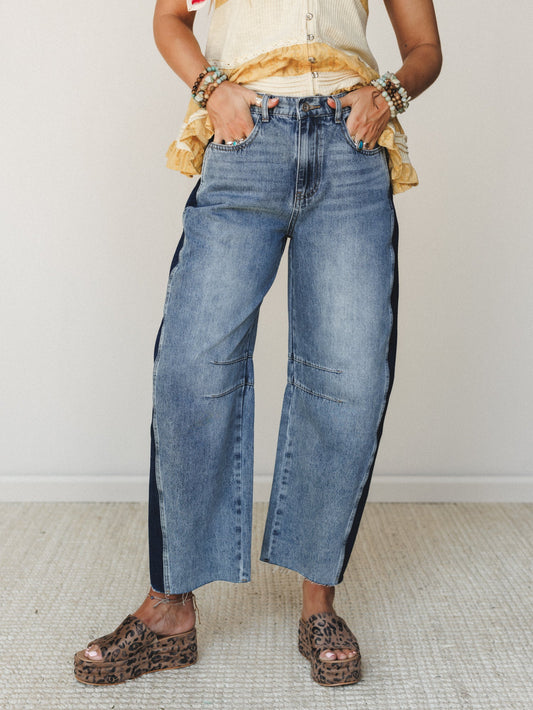 Two Tone Wide Leg Barrel Jeans - Denim