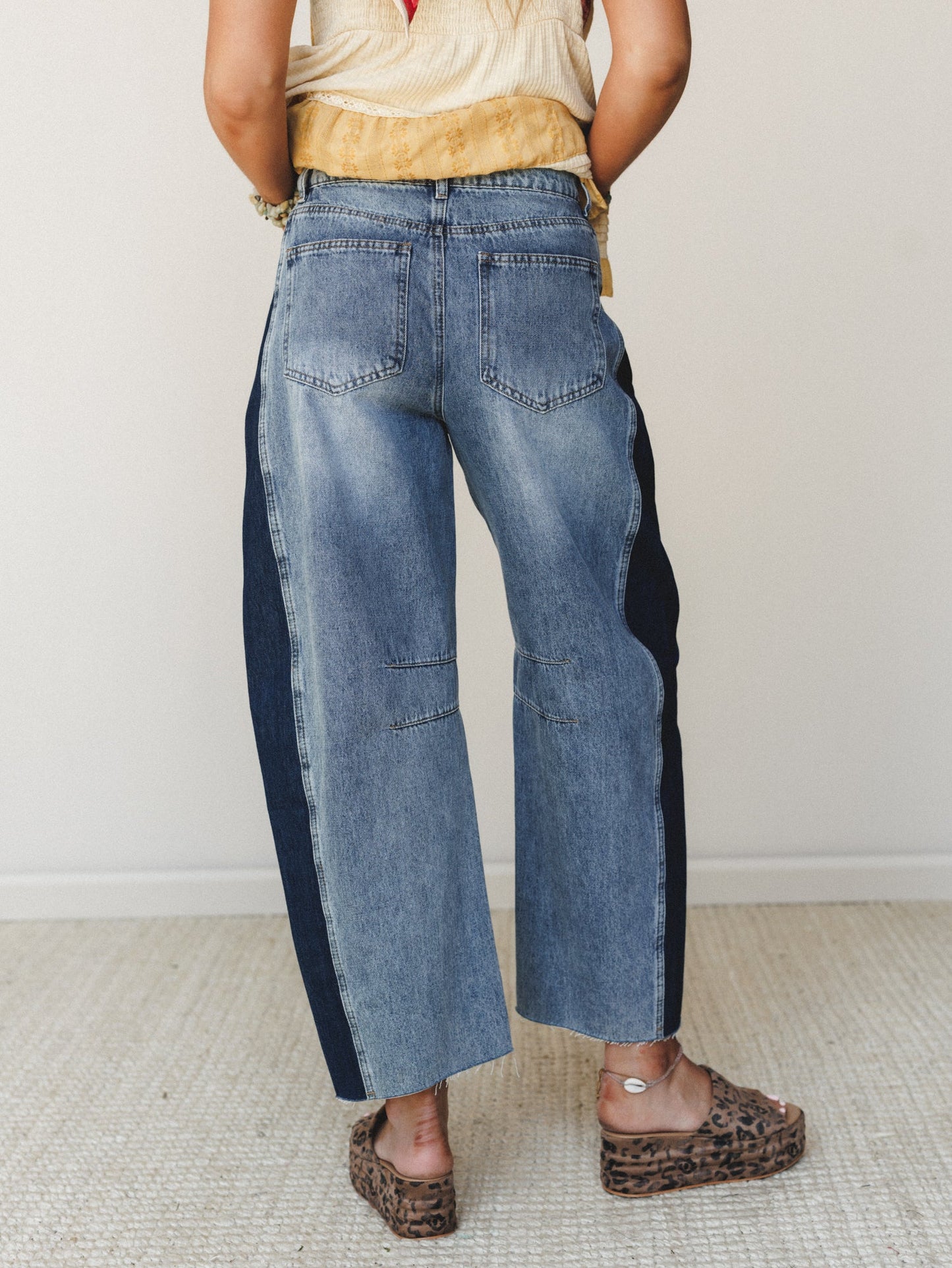 Two Tone Wide Leg Barrel Jeans - Denim