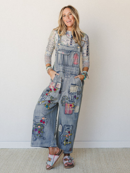 Perfectly Patched Denim Overalls - Washed Denim