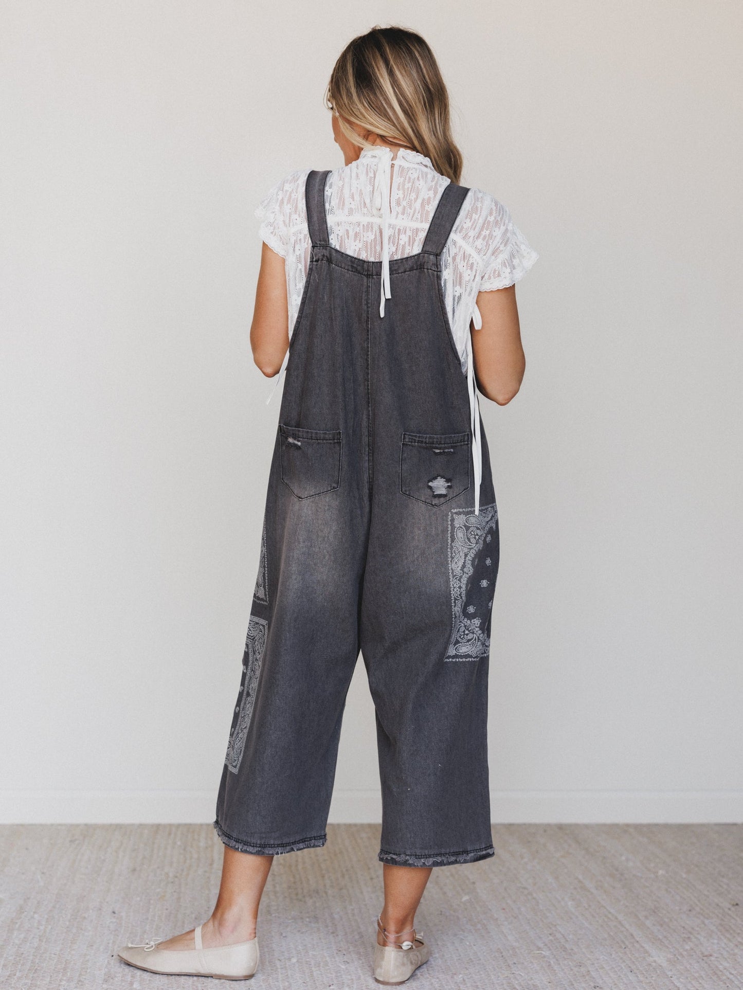 High Hopes Slouchy Denim Overalls - Black Bandana