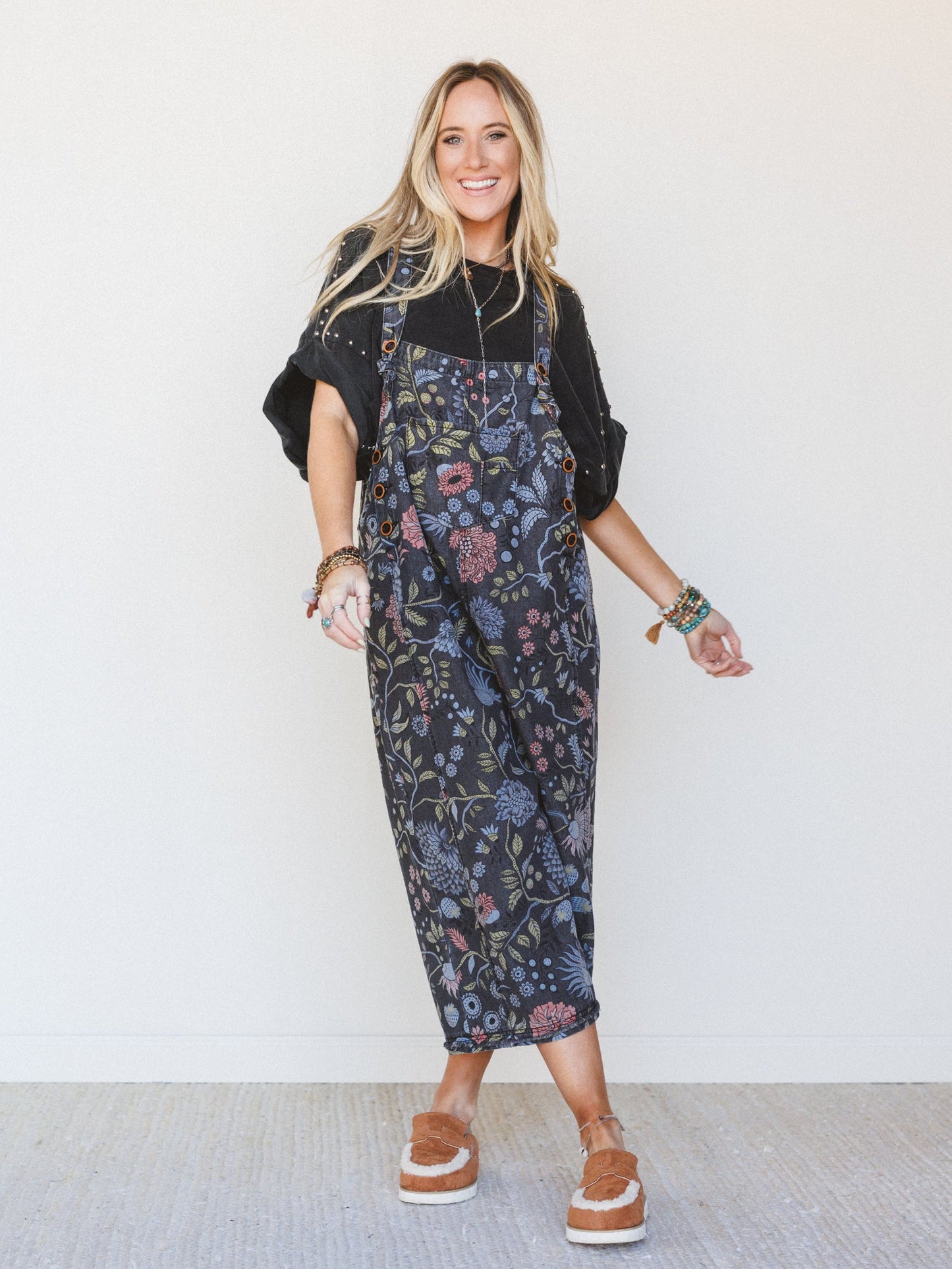 High Hopes Slouchy Denim Overalls - Floral Black Denim