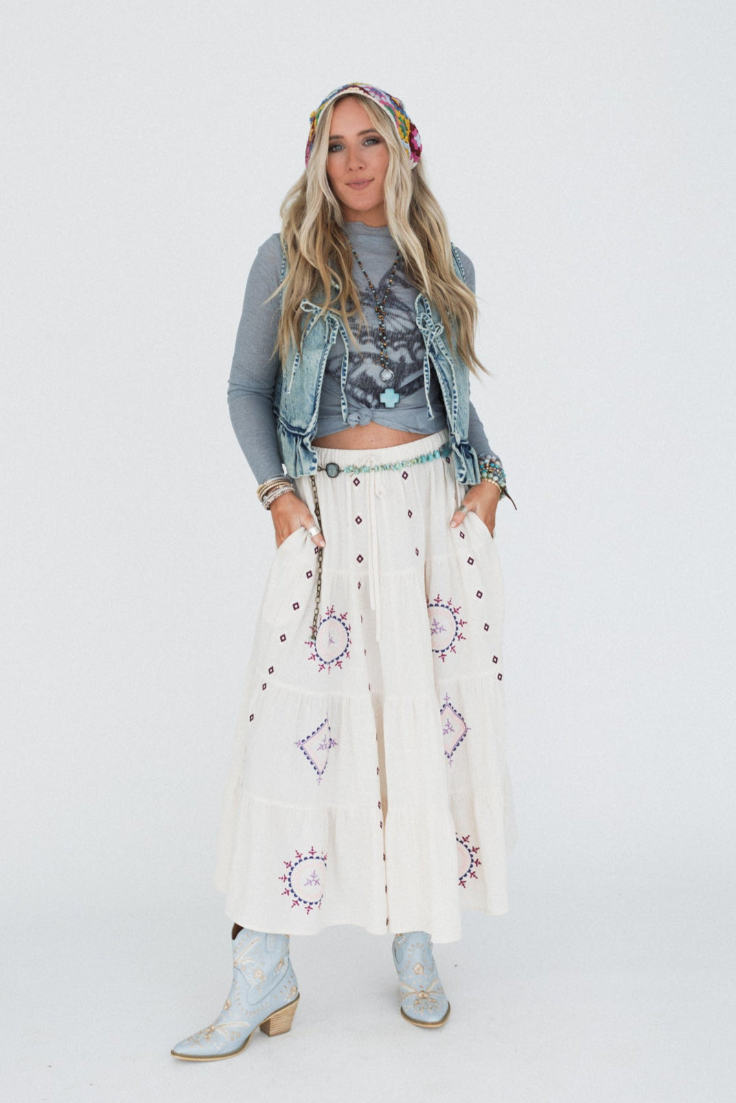 Larkspur Embroidered Maxi Skirt - Natural