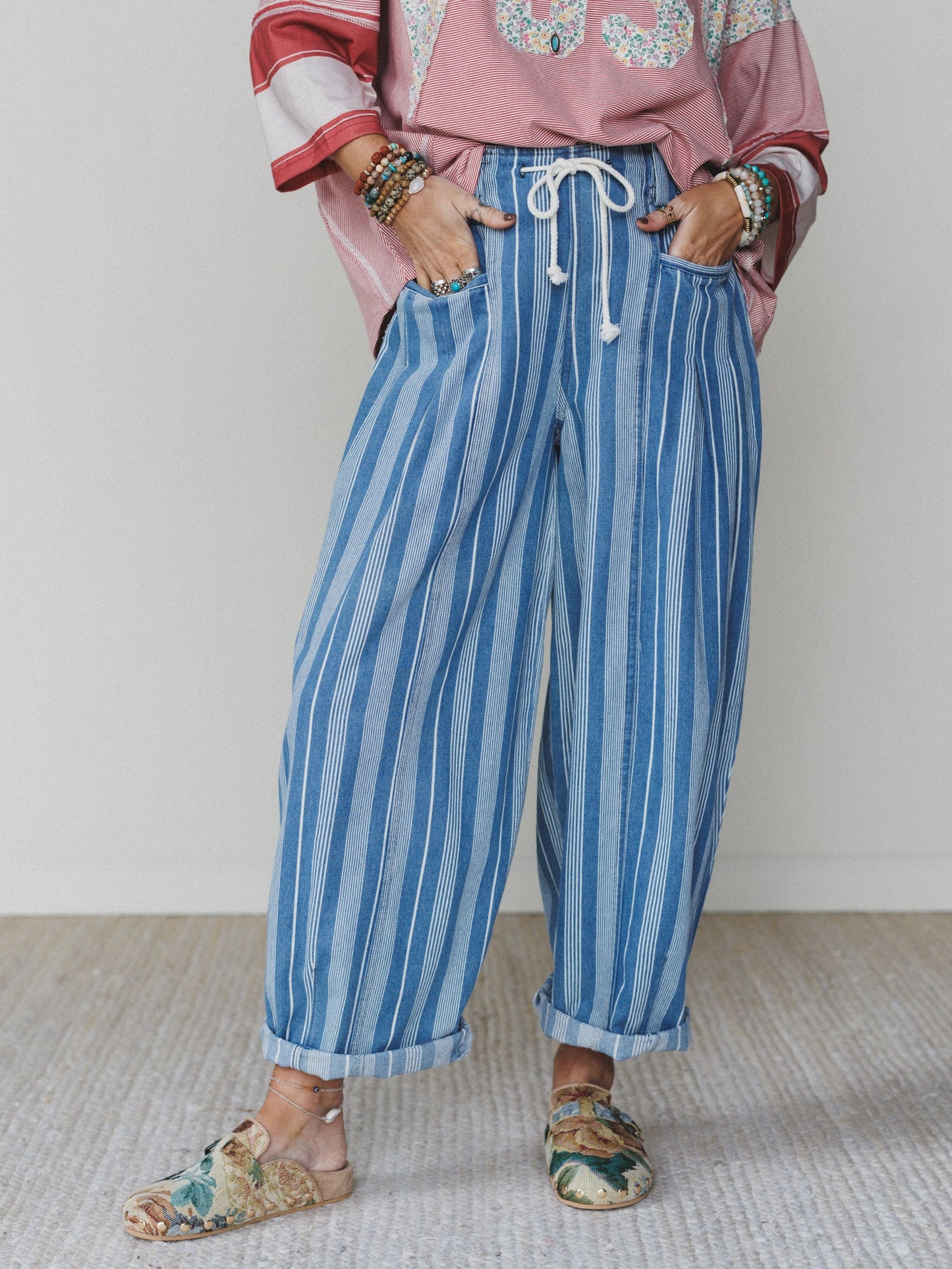Right Step Striped Pants  - Light Denim