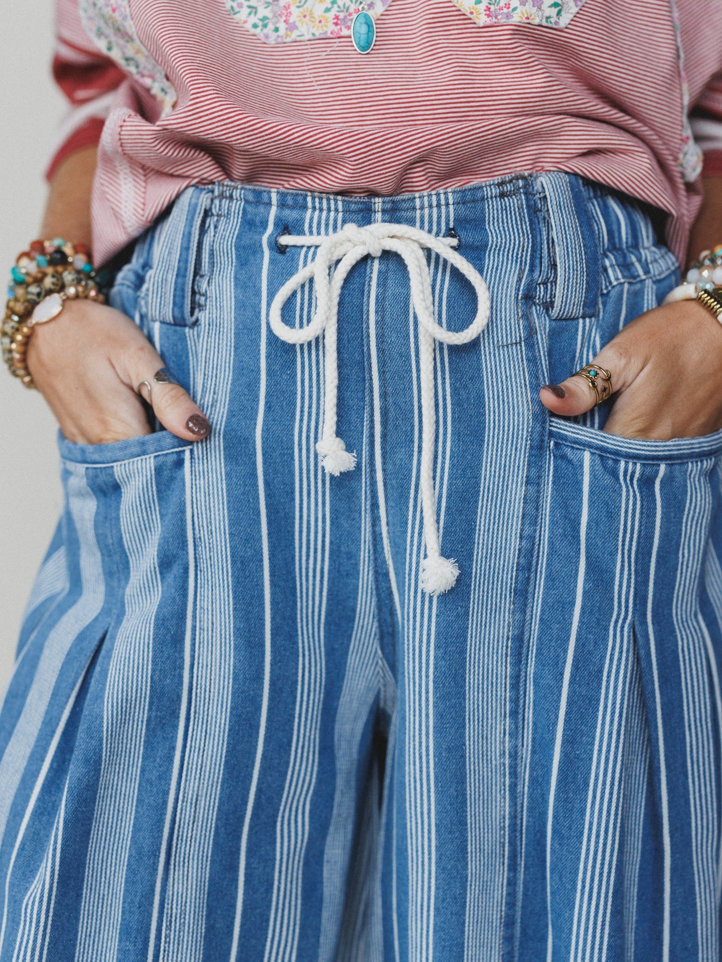 Right Step Striped Pants  - Light Denim