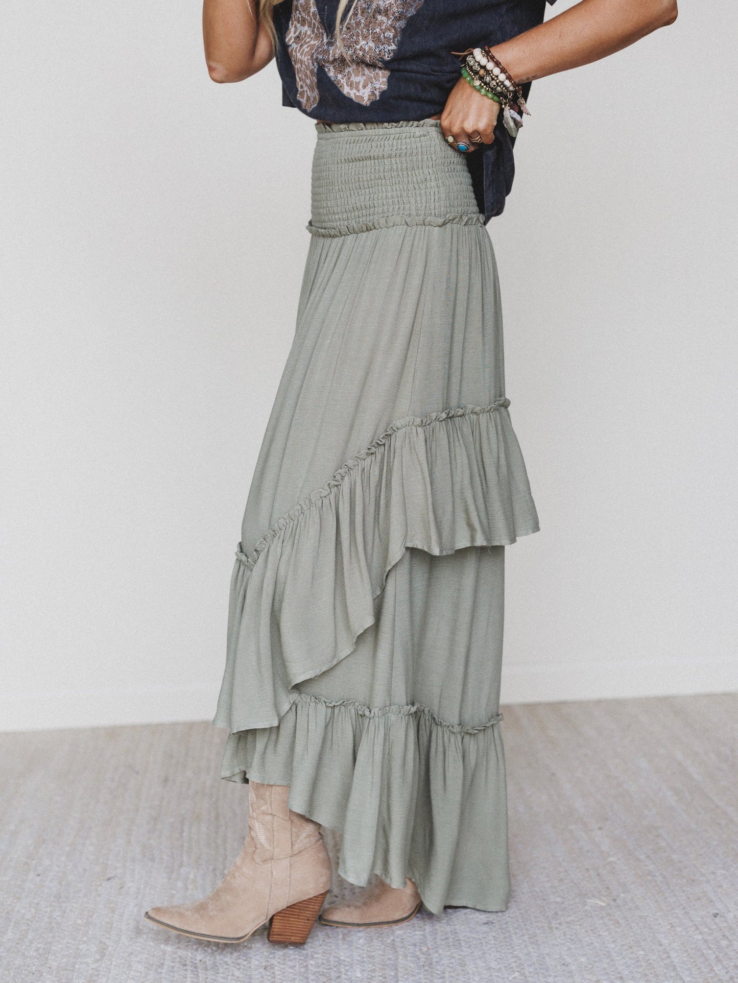 Washed Ashore Ruffled Maxi Skirt - Olive