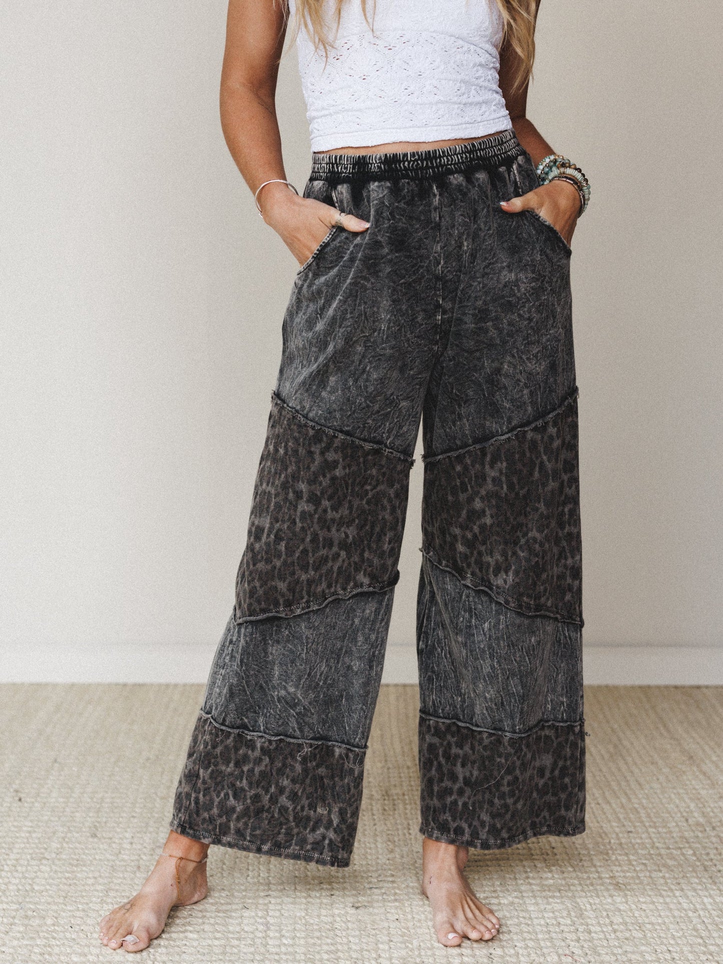 Milana Leopard Print Wide Leg Pants - Ash Black