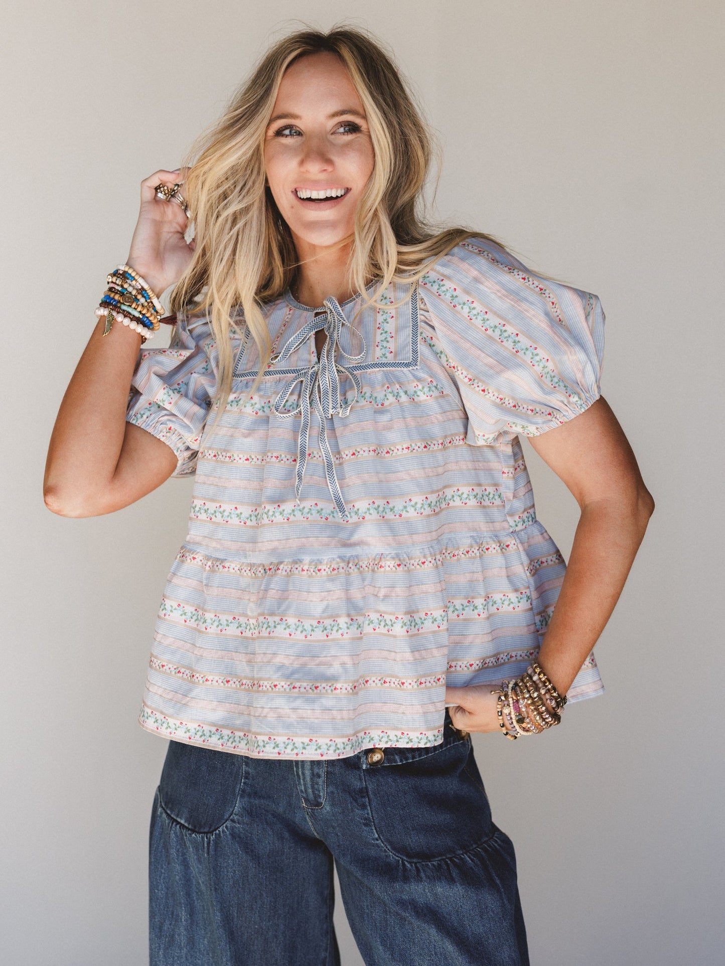 Vintage Lily Balloon Sleeve Blouse - Light Blue