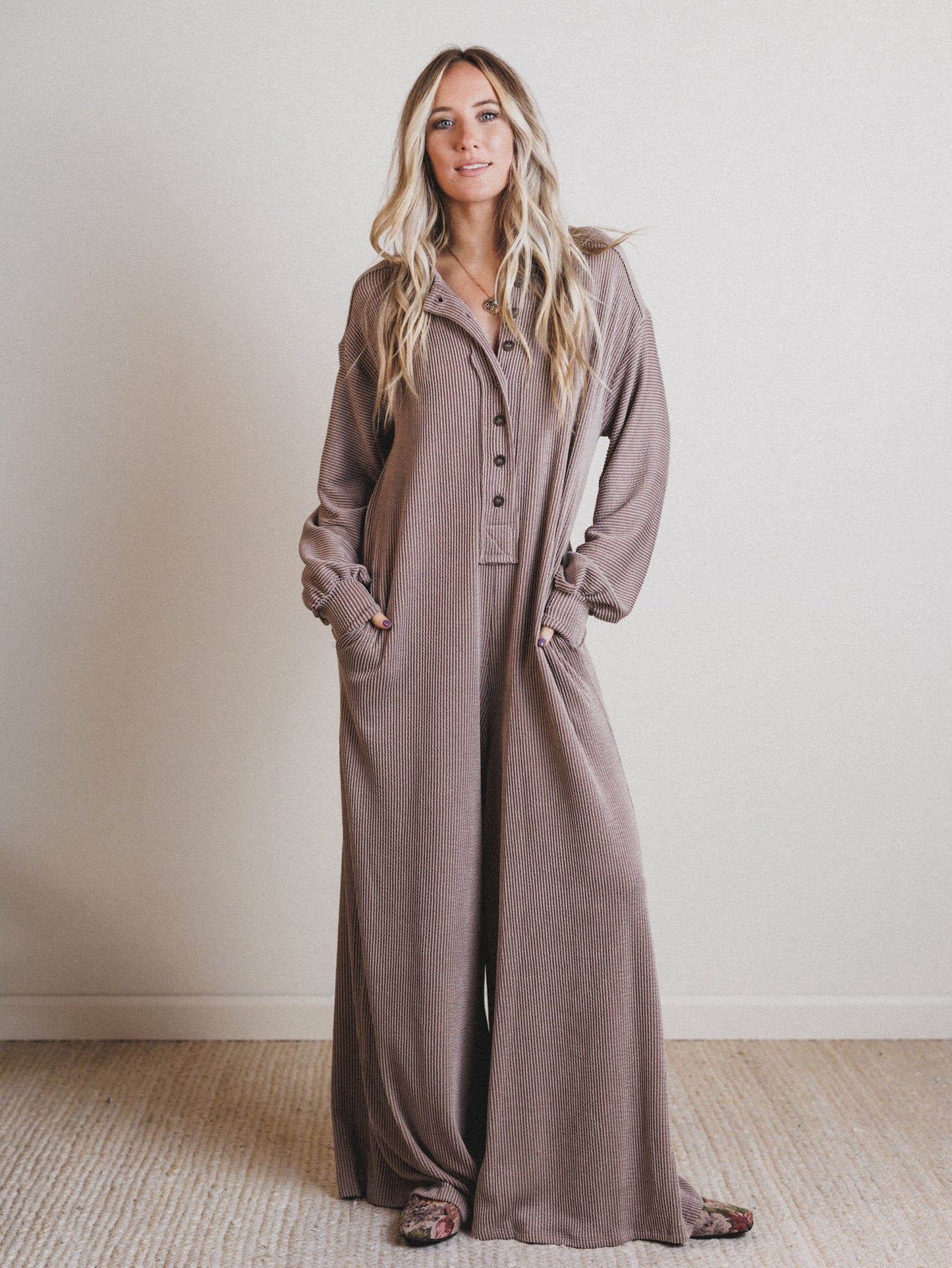 The Nest Daphne Textured Long Sleeve Jumpsuit - Acorn