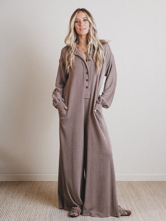 The Nest Daphne Textured Long Sleeve Jumpsuit - Acorn