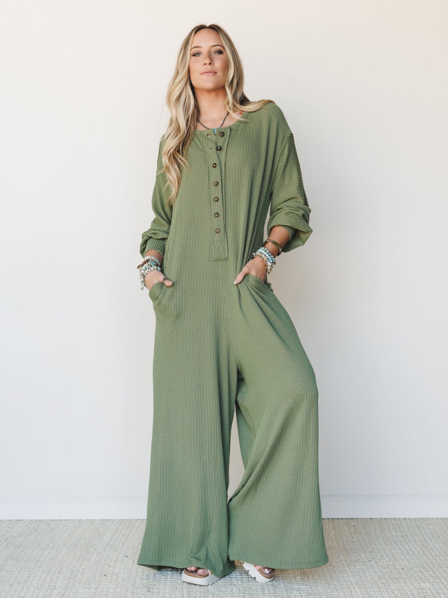 The Nest Daphne Textured Long Sleeve Jumpsuit - Army
