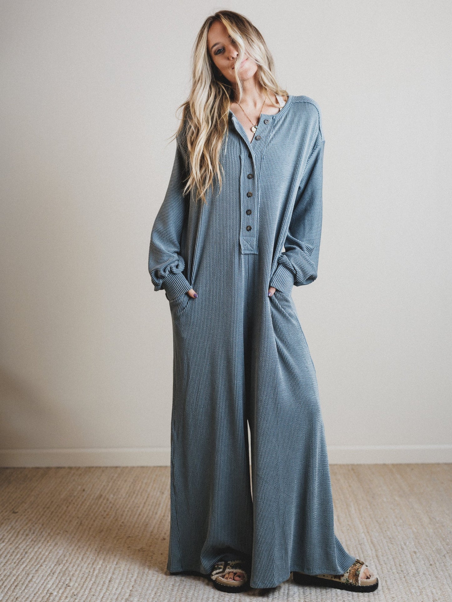 The Nest Daphne Textured Long Sleeve Jumpsuit - Seafoam