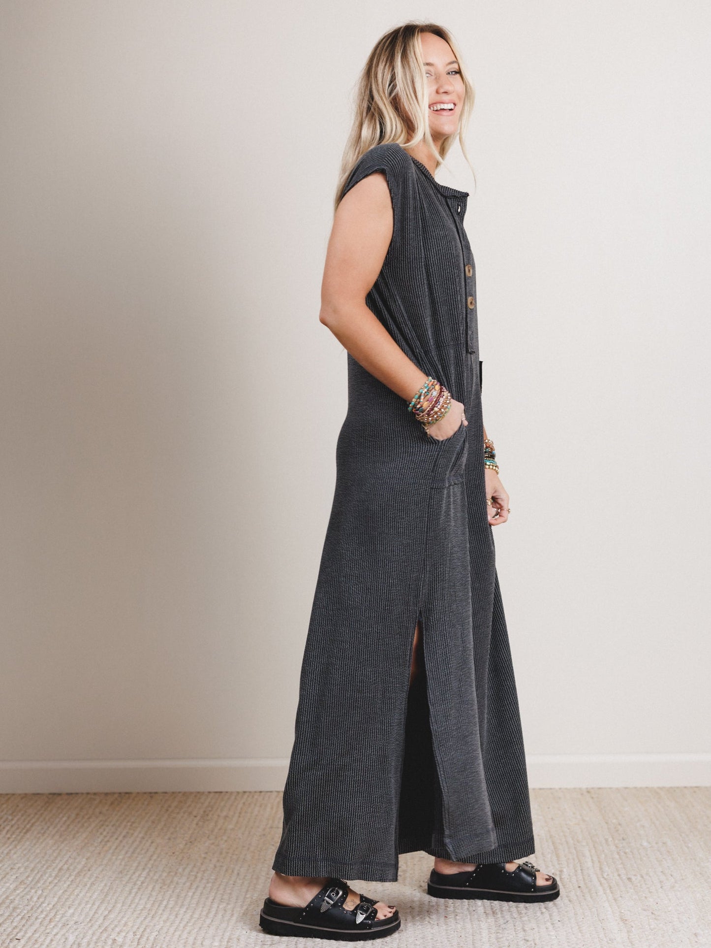 The Nest Madeline Textured Jumpsuit - Charcoal