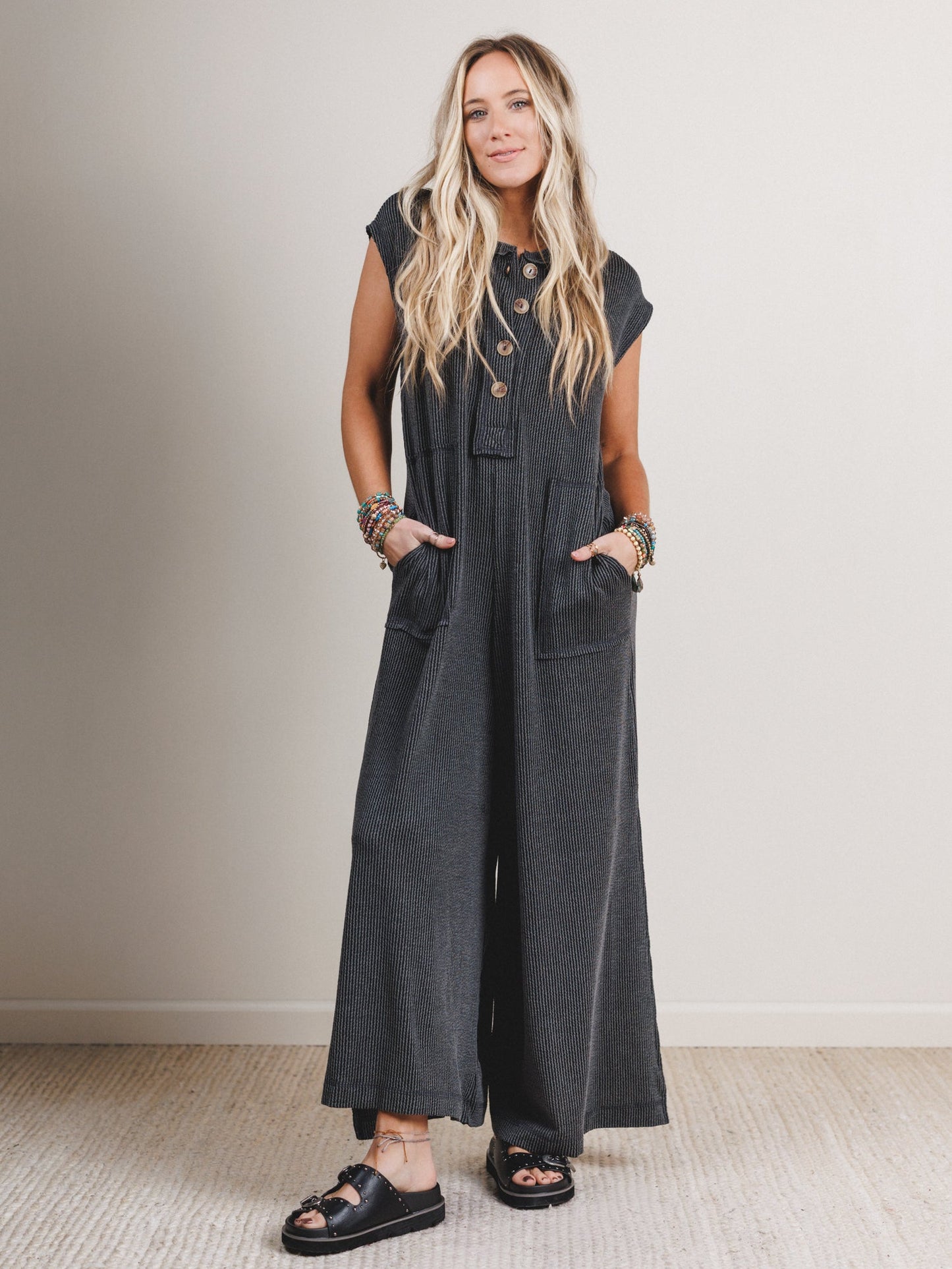 The Nest Madeline Textured Jumpsuit - Charcoal