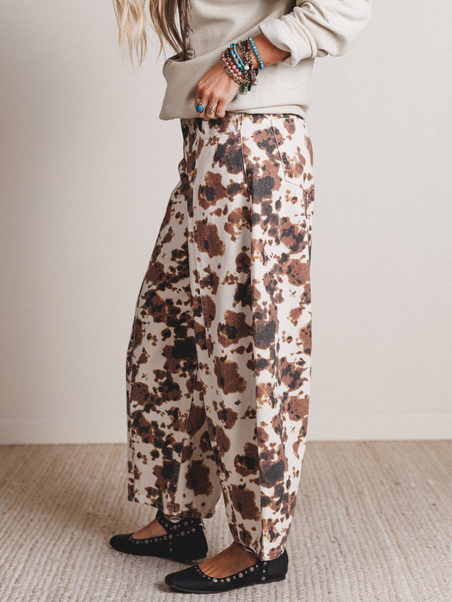 Belle Cow Print Barrel Jeans - Brown