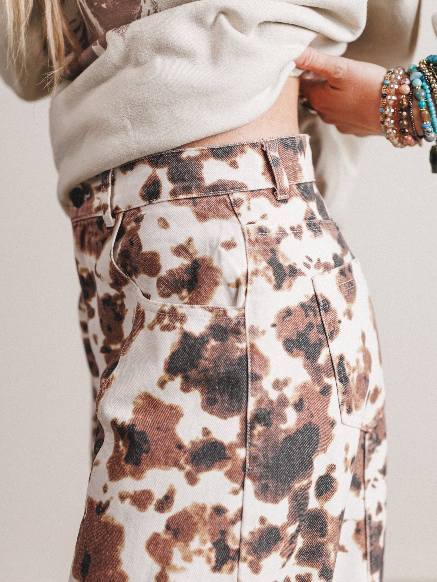 Belle Cow Print Barrel Jeans - Brown