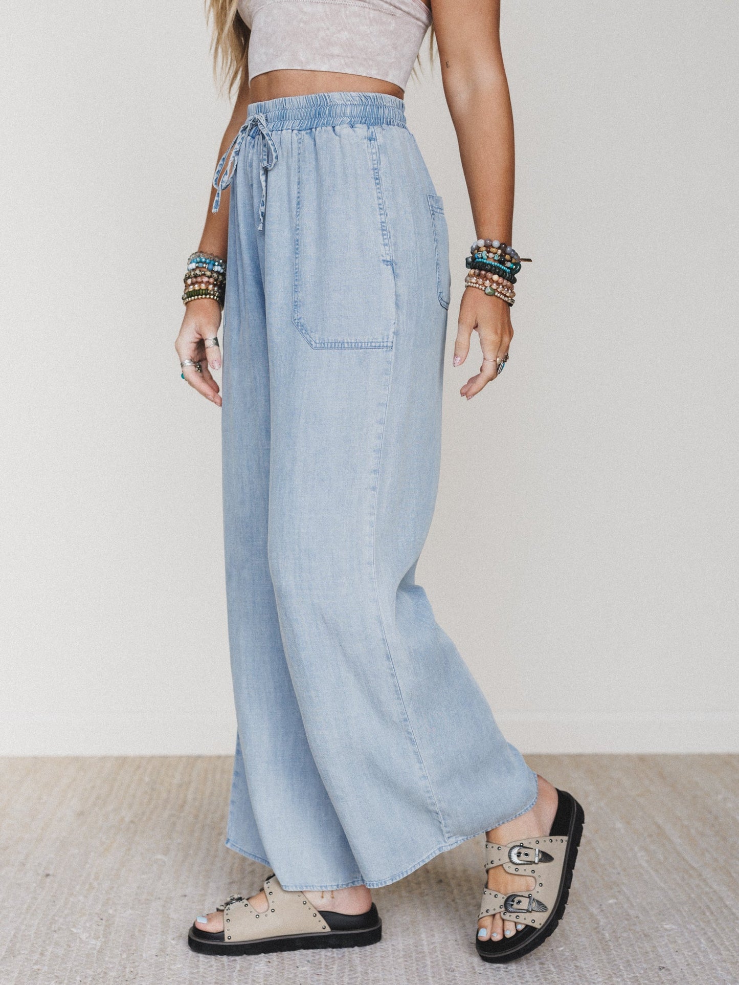 Casual Step Wide Leg Pants  - Light Denim