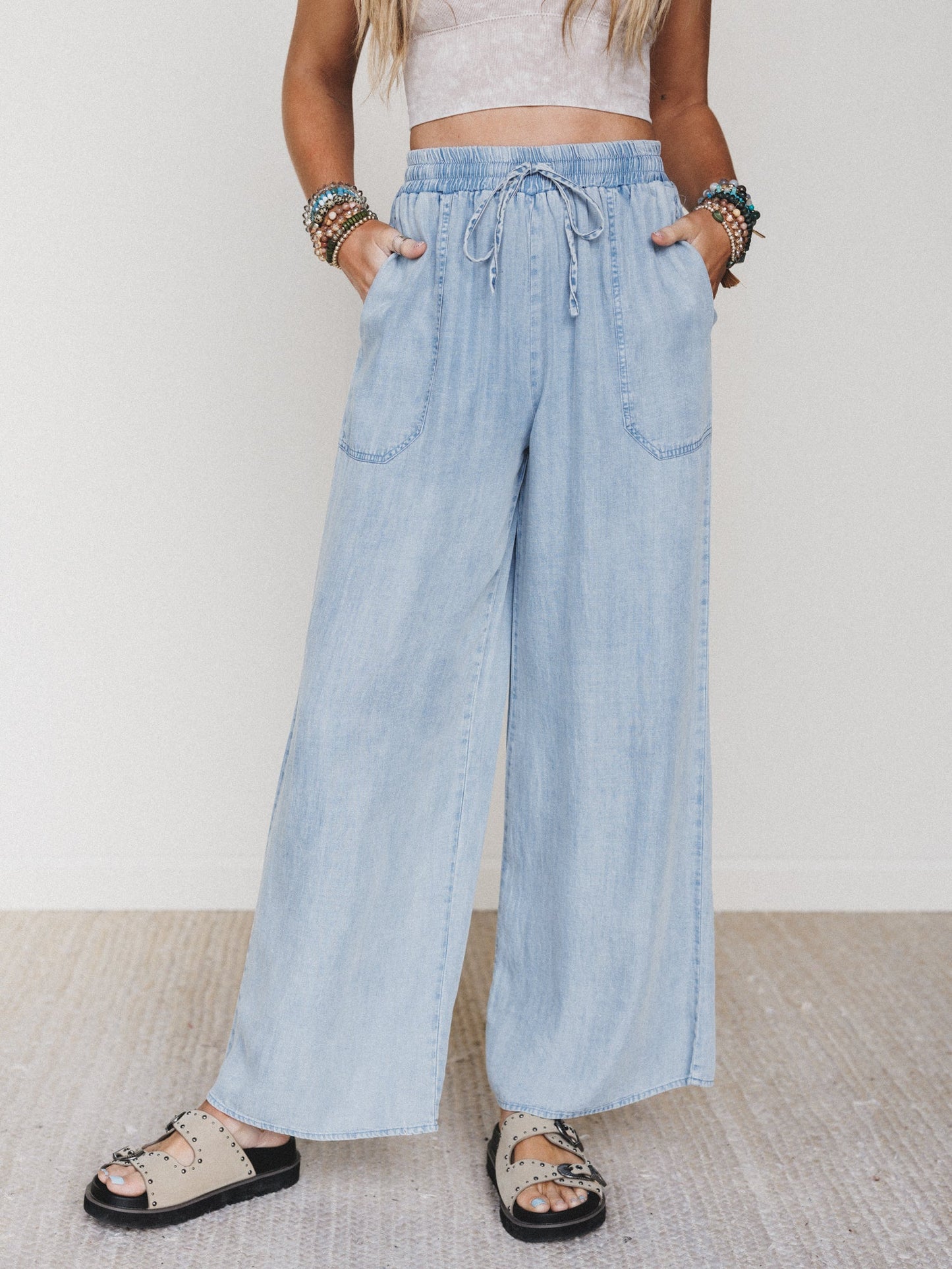 Casual Step Wide Leg Pants  - Light Denim