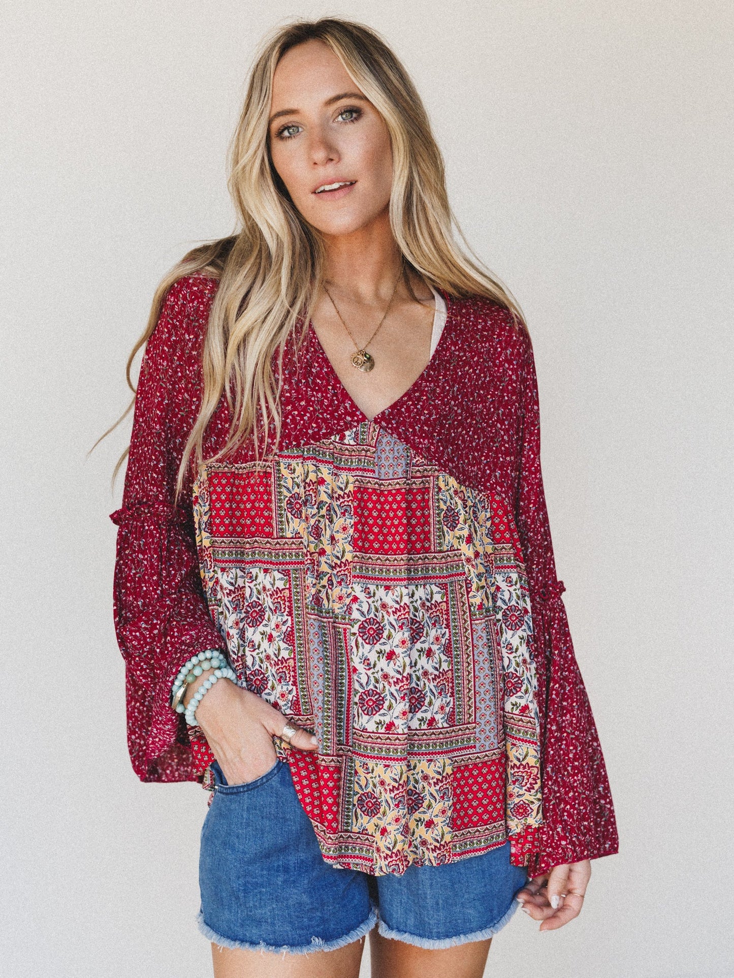 The Nest Brea Mixed Print Top - Burgundy