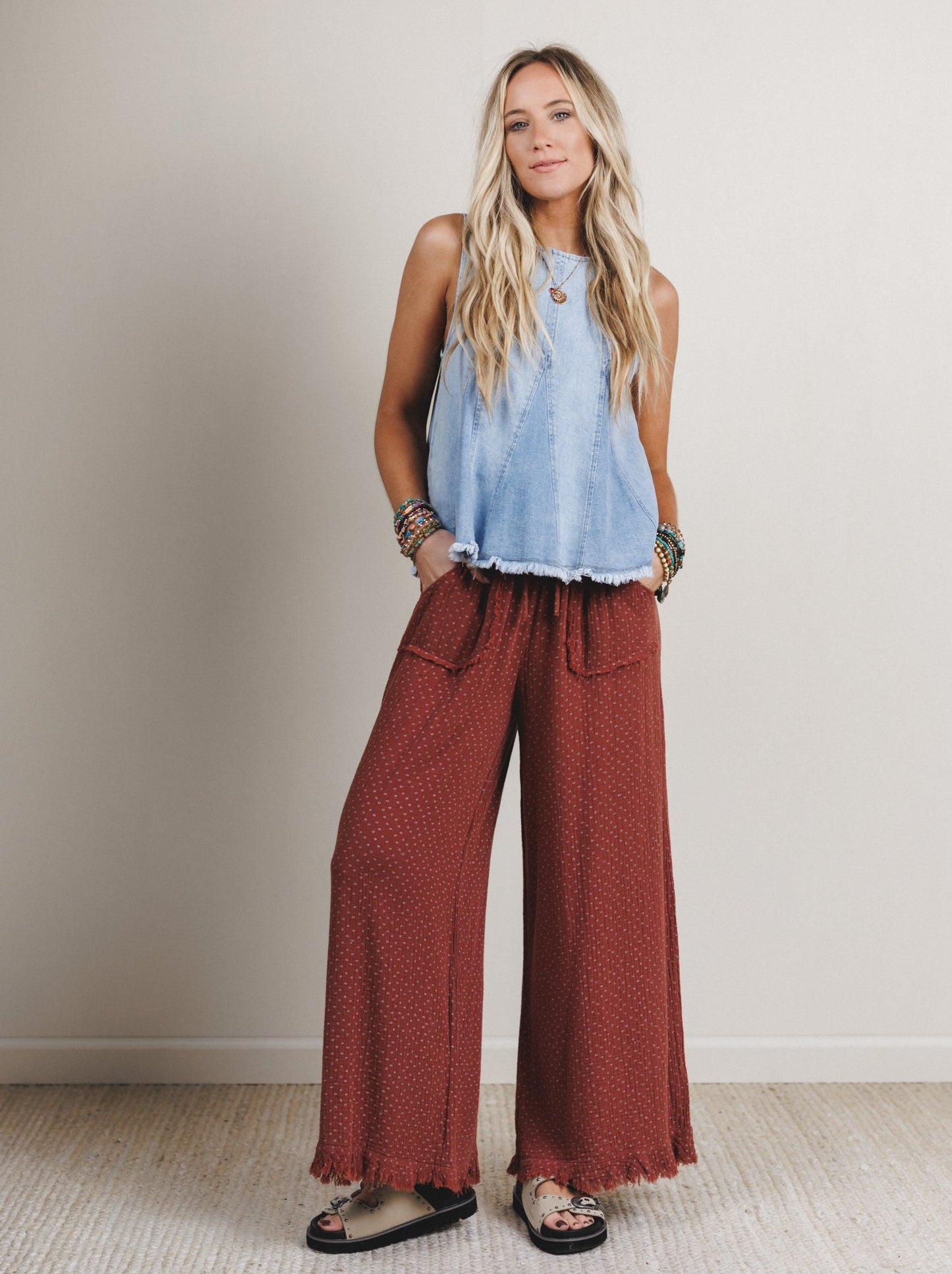 The Nest Sandra Wide Leg Ruffle Pant - Teracotta