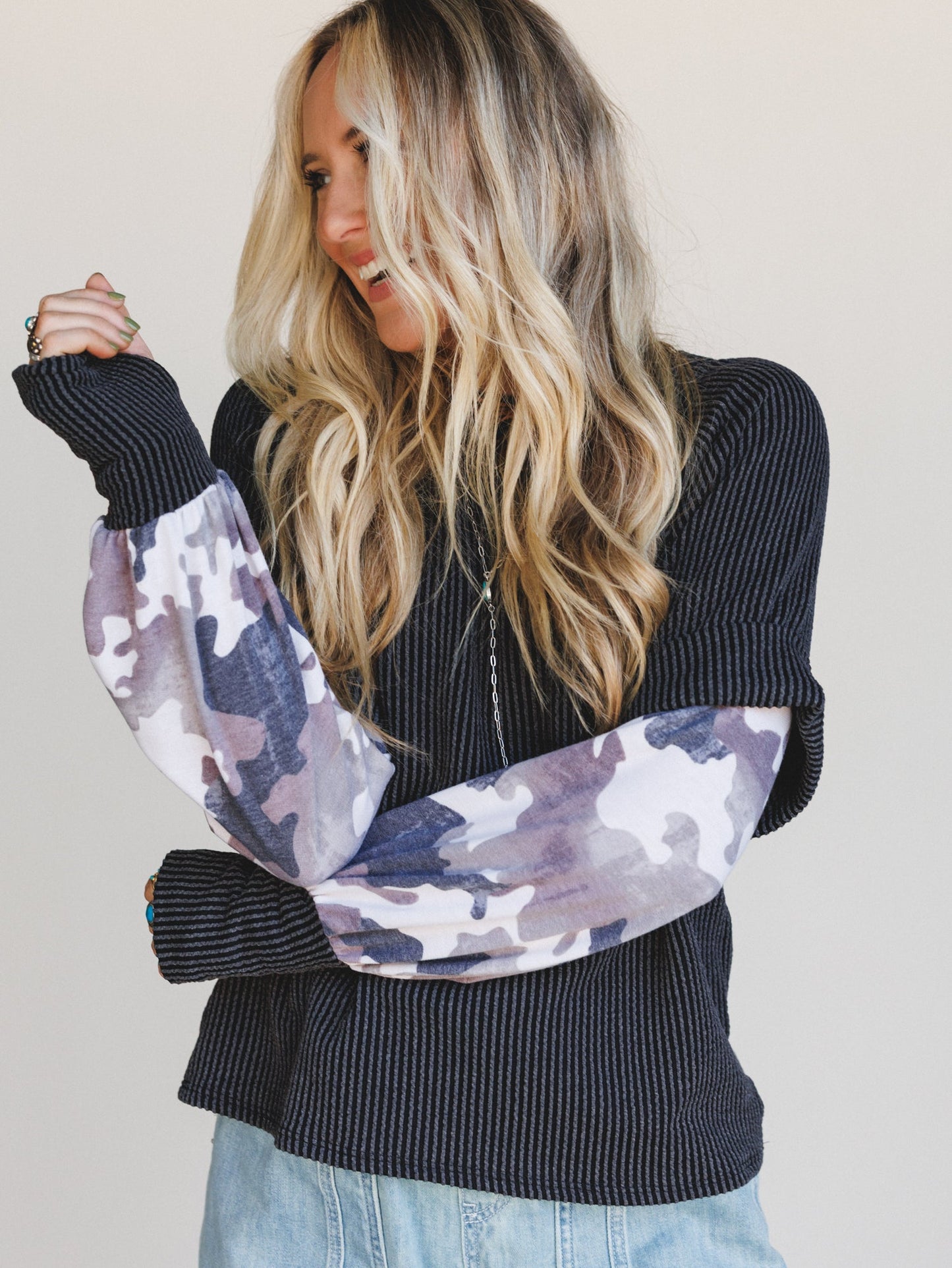 The Nest Better Together Layered Contrast Top - Camo