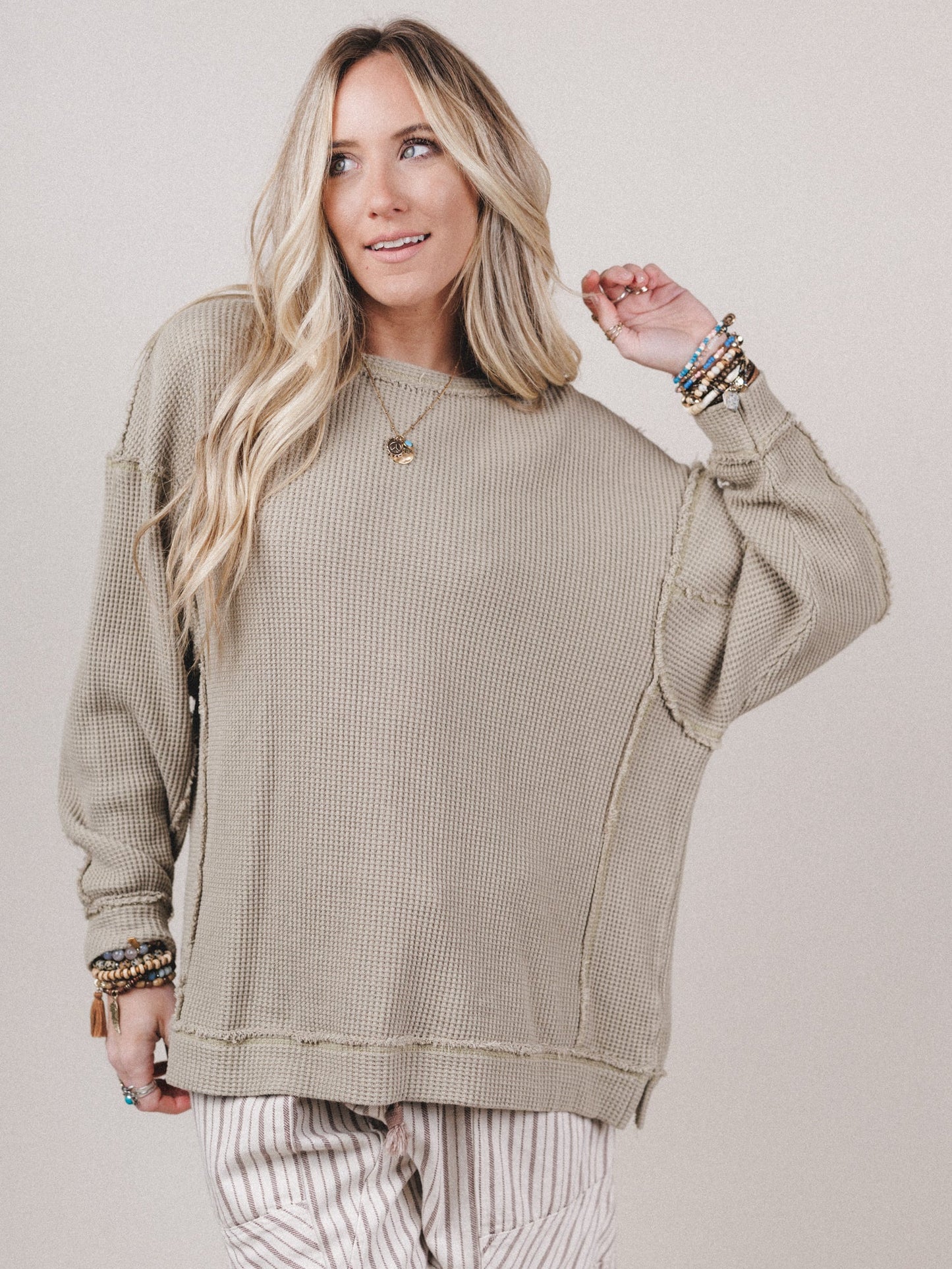 Riley Thermal Texture Oversized Pullover - Pale Olive