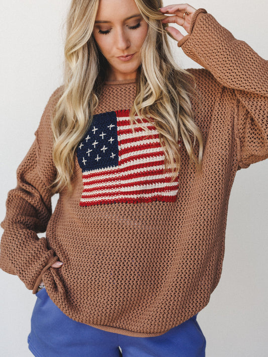 Americana Open Knit Sweater - Deep Camel