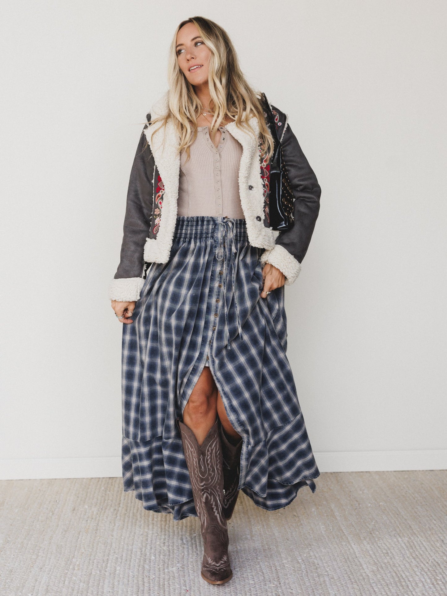 Bonfire Bloom Plaid Skirt - Blue