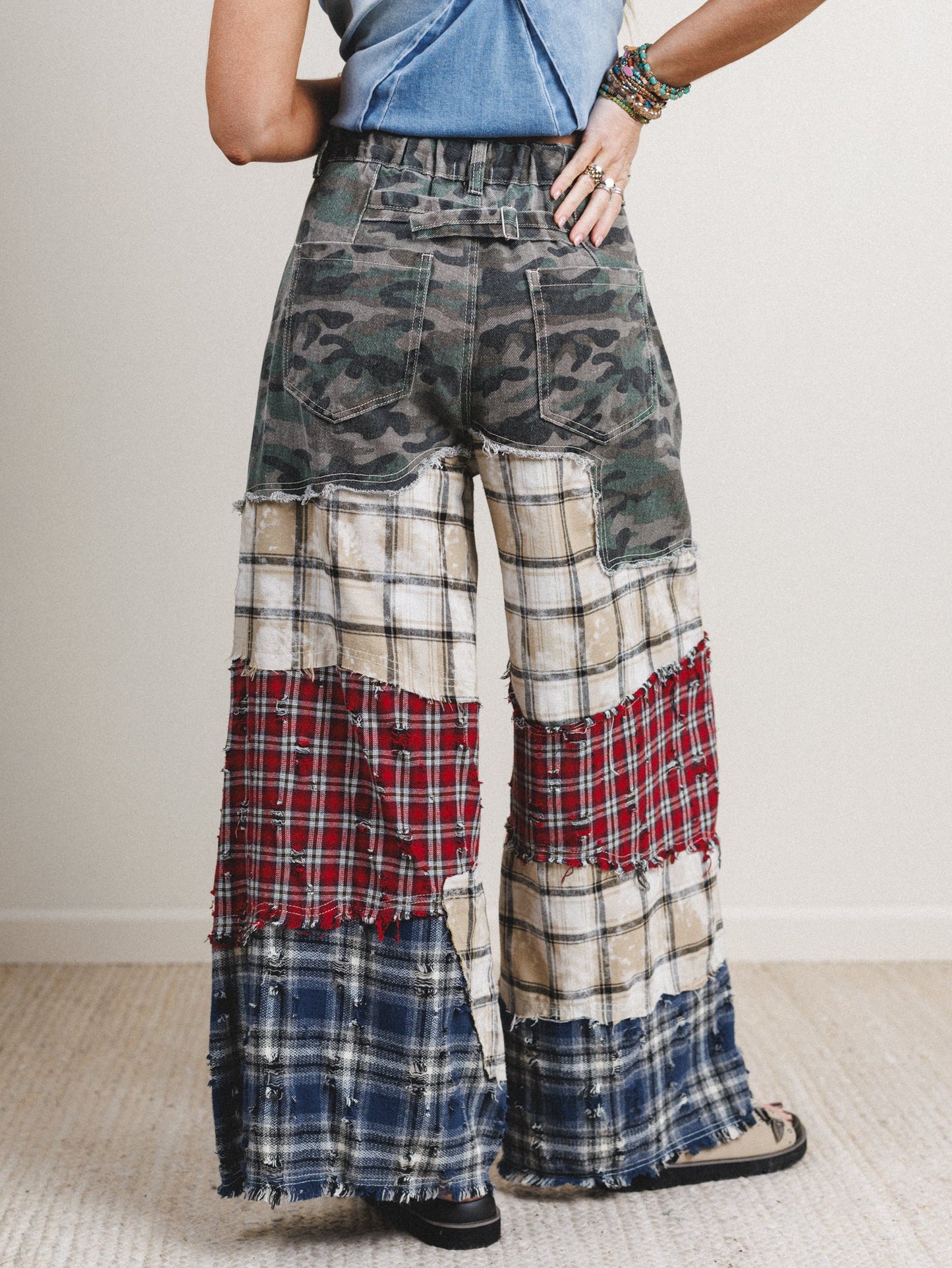 Camo Meets Plaid Wide Leg Pants - Camo Multi