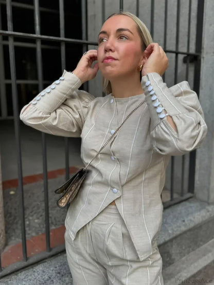 Bubble Sleeve Slanted Button Stripe Blouse