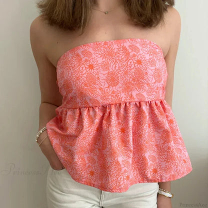 Cute Summer Floral Strapless Bandeau 00s Backless Tie Up Bodydoll Y2K Crop Top