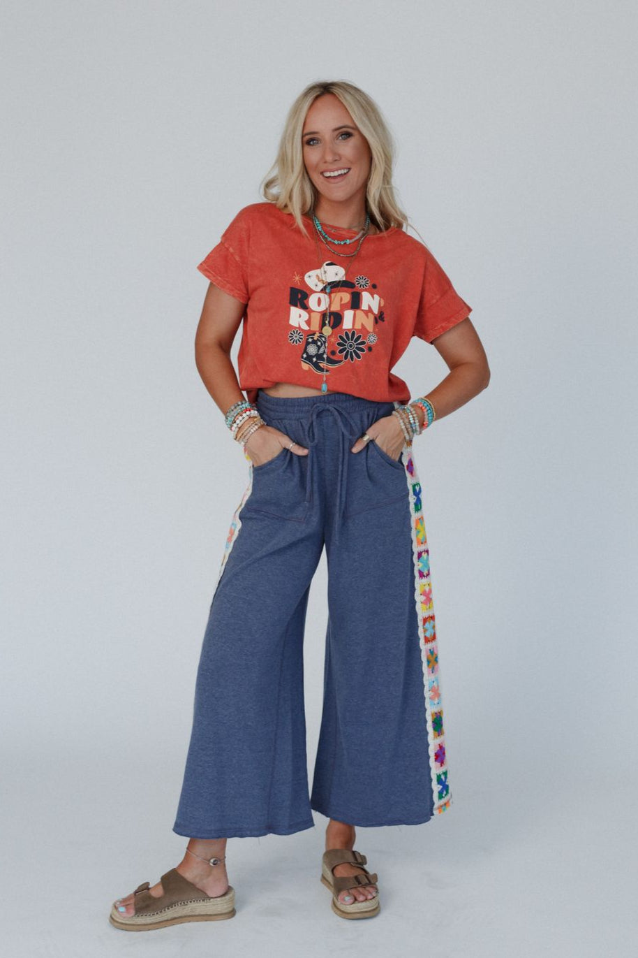 The Nest Love Seeker Crochet Panel Pants - Heather Navy
