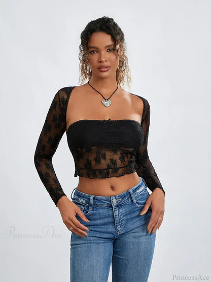 Lace Shrug Two-piece Floral Sheer Mesh Crop Outfit
