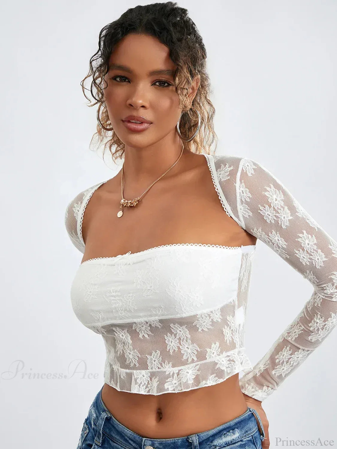 Lace Shrug Two-piece Floral Sheer Mesh Crop Outfit