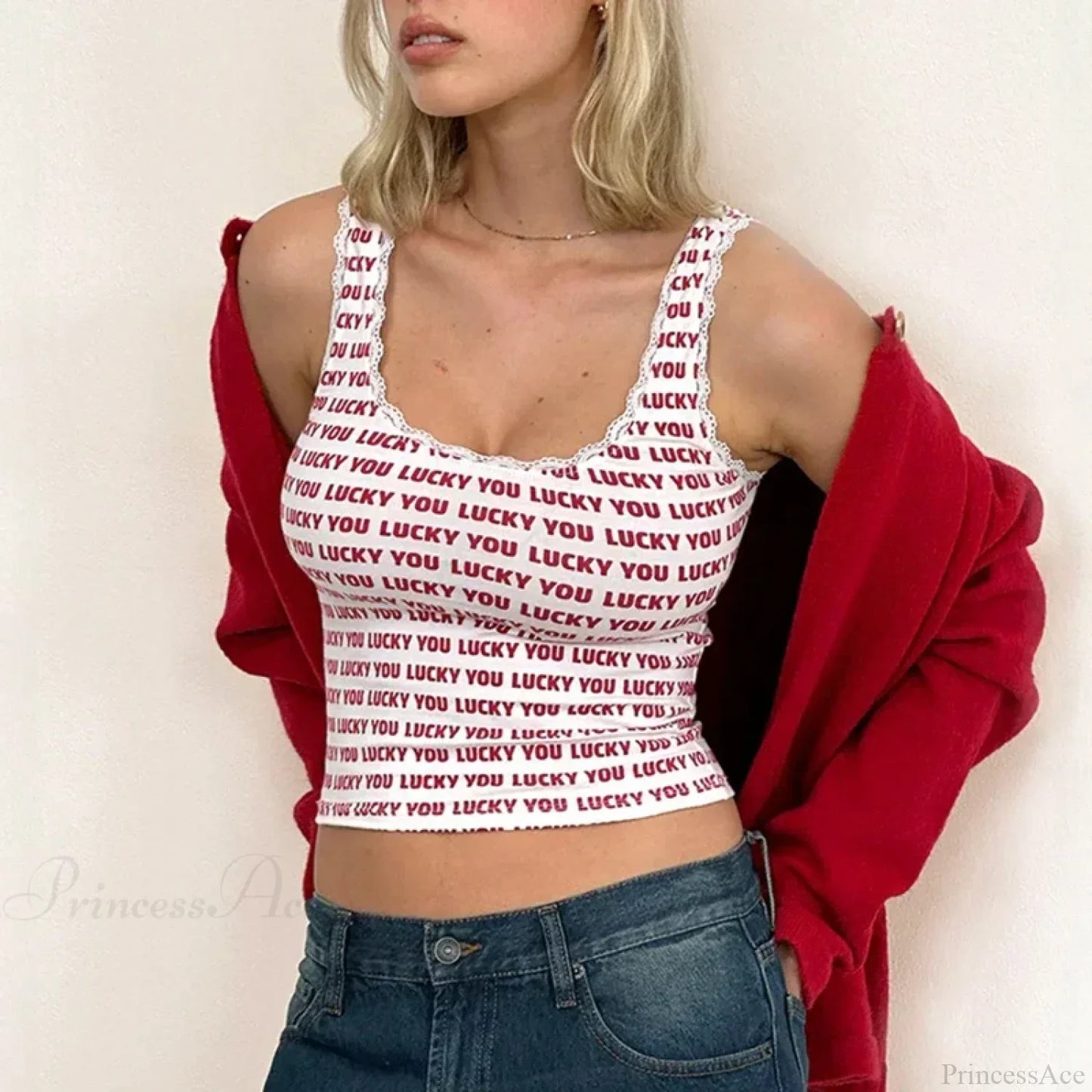 Lace Trim Slim Fit Y2K Summer Floral Sleeveless Casual Basic Crop Top