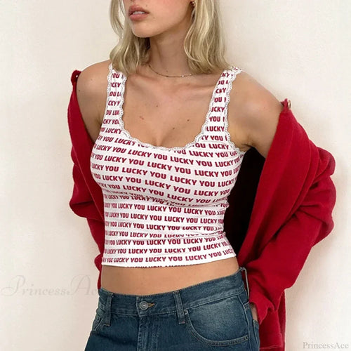 Lace Trim Slim Fit Y2K Summer Floral Sleeveless Casual Basic Crop Top