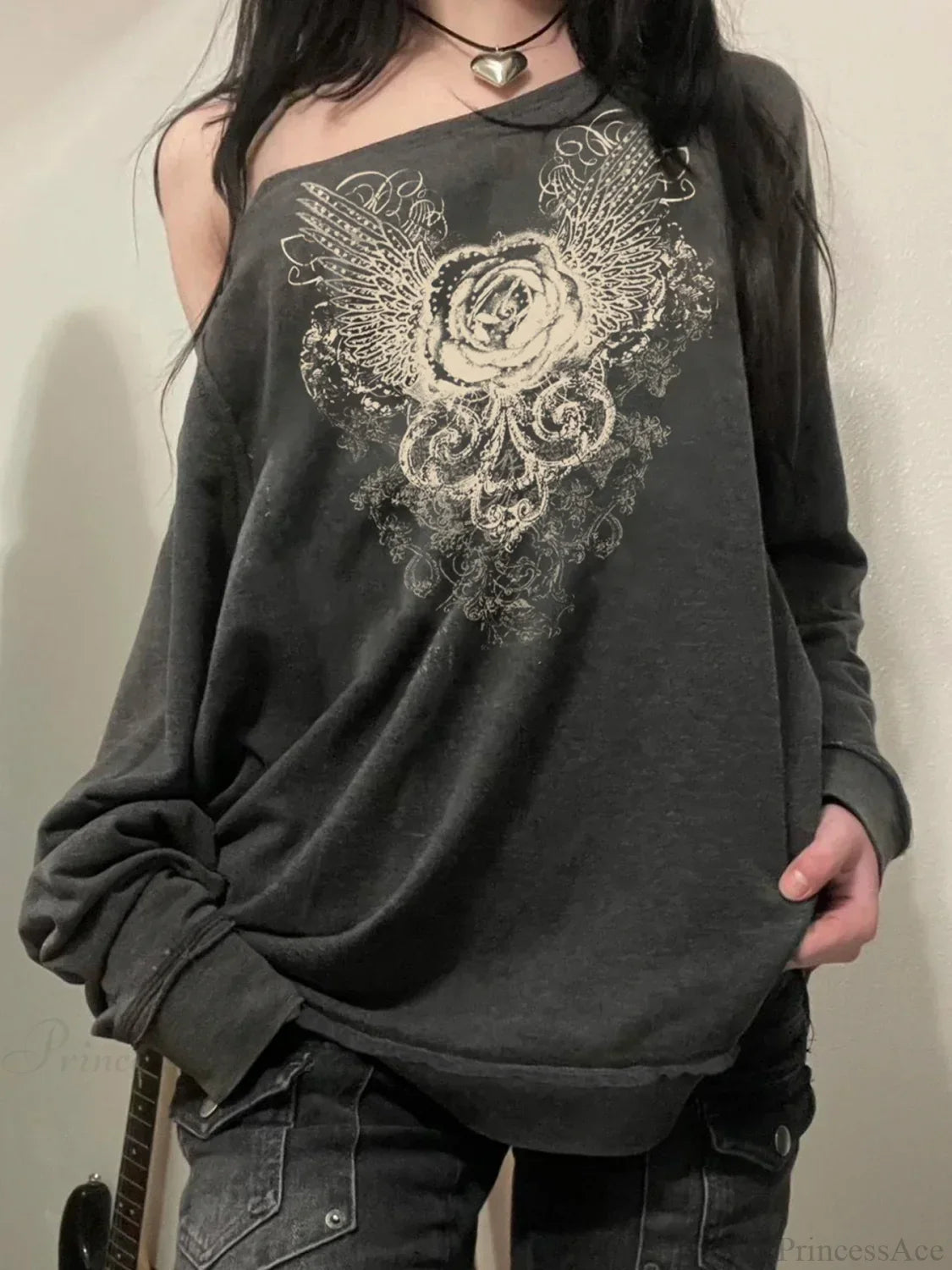 Printed Off-Shoulder Sweatshirt Vintage Loose Long Sleeve Pullover Sweater