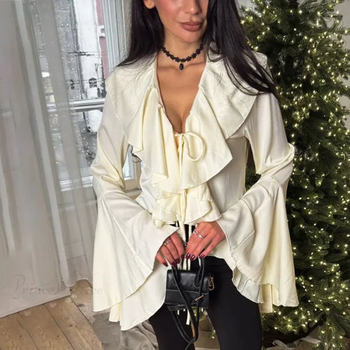 Ruffled Lace-Up V-neck Blouse