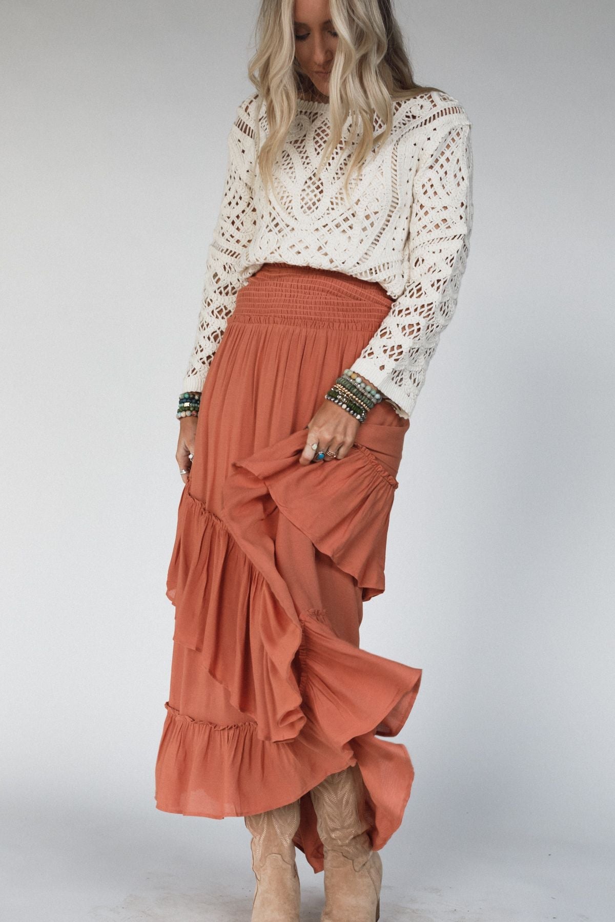 Washed Ashore Ruffled Maxi Skirt - Brick