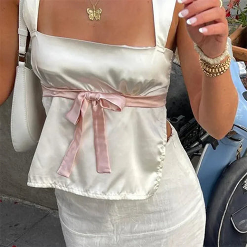 Satin Bow Tie Milkmaid Backless Crop Top