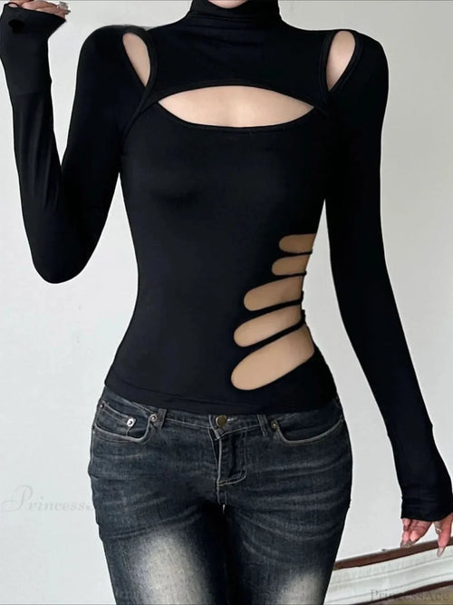 Slim Hollow Out Turtleneck Solid Long Sleeve Knit Top