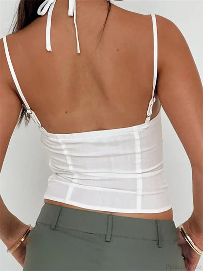 Slim Lace Trim Halter Tie-up Backless Crop Top
