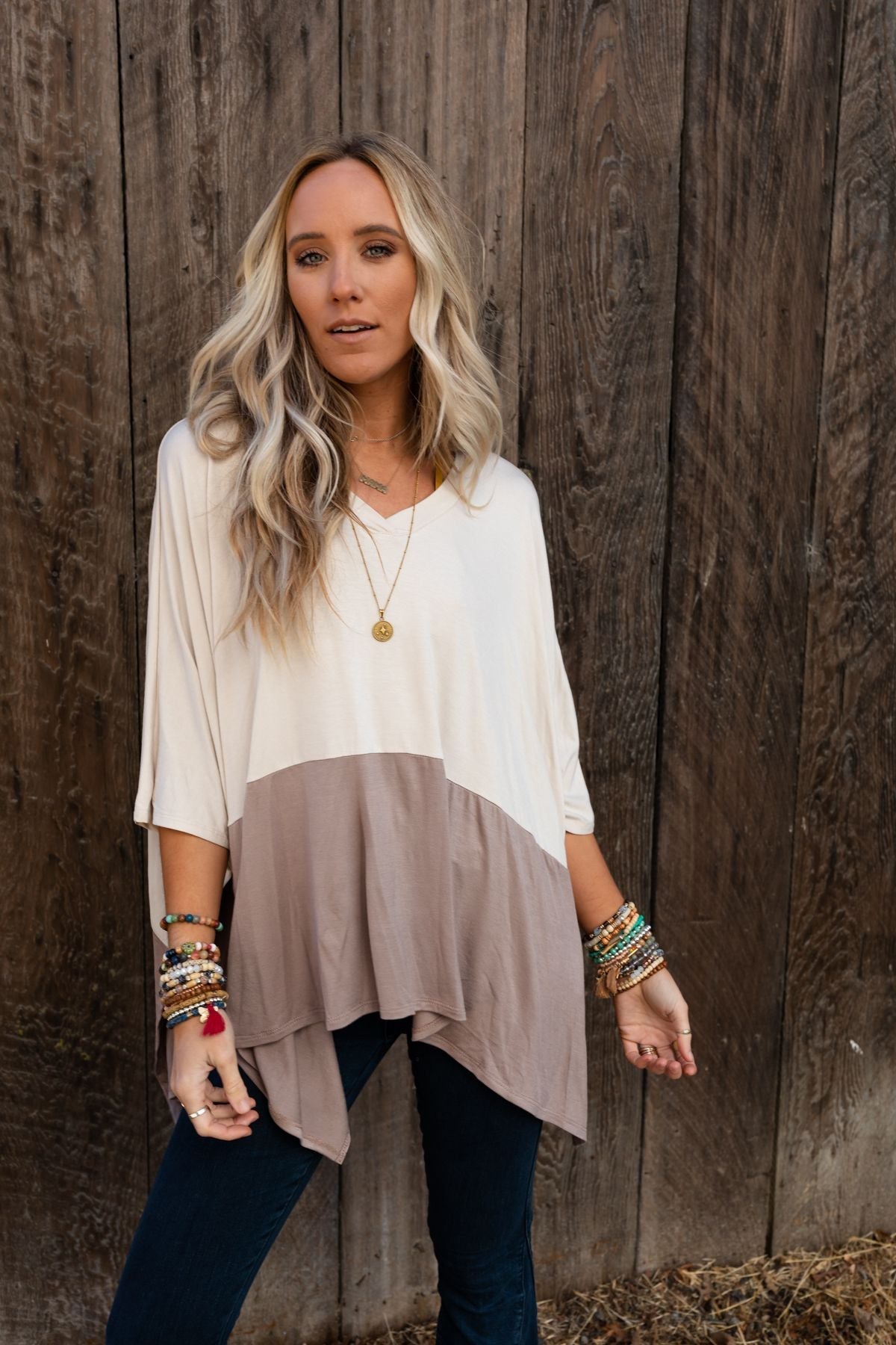 The Nest Coffee Sunsets V Neck Top - Cream Mocha
