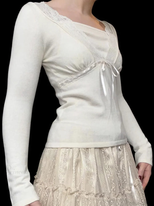Solid Lace Trim Deep V-Neck Slim Long Sleeve Knit Top